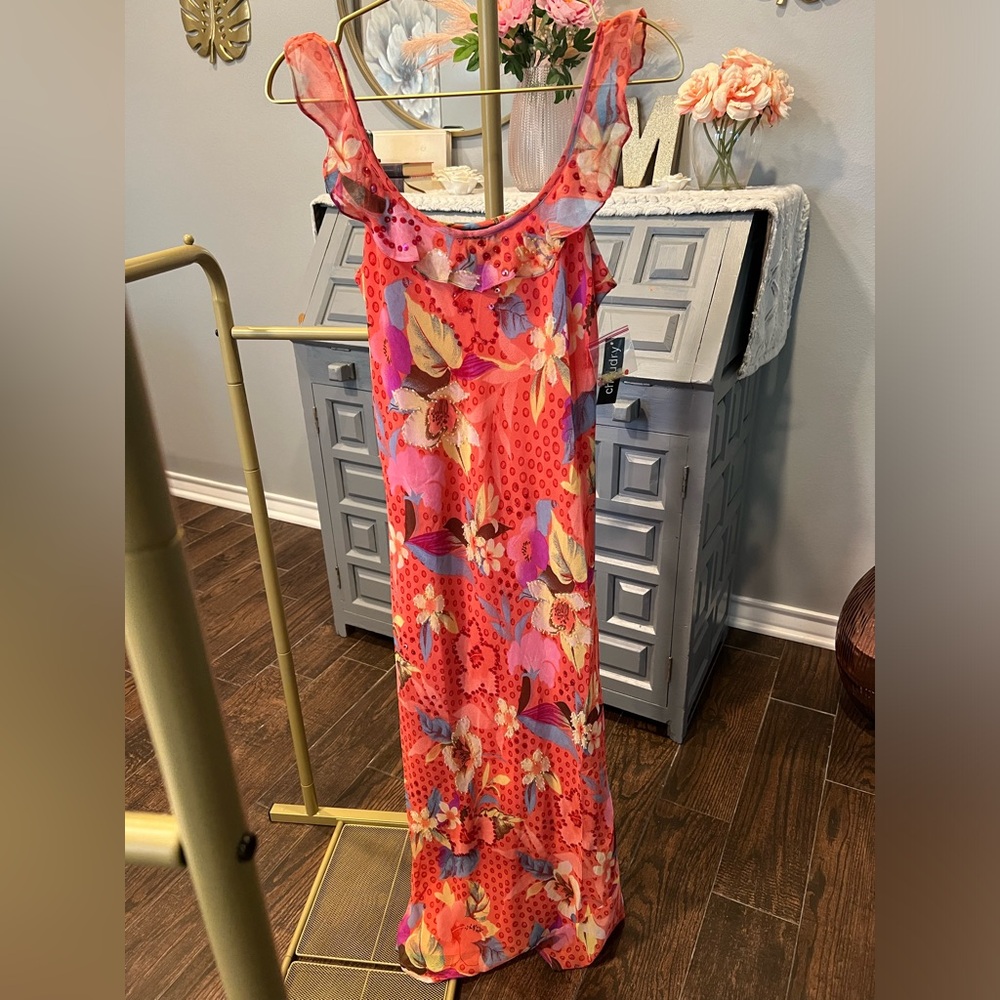 NWT Chaudry KC Tropical Flutter Sleeve/Neck Floral Maxi Dress, Coral.